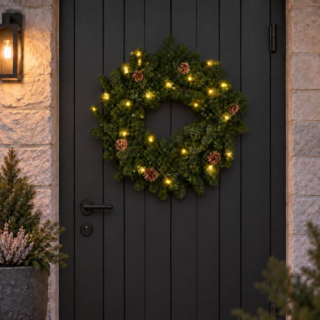 Krans LED med kongler 50cm grønn 1